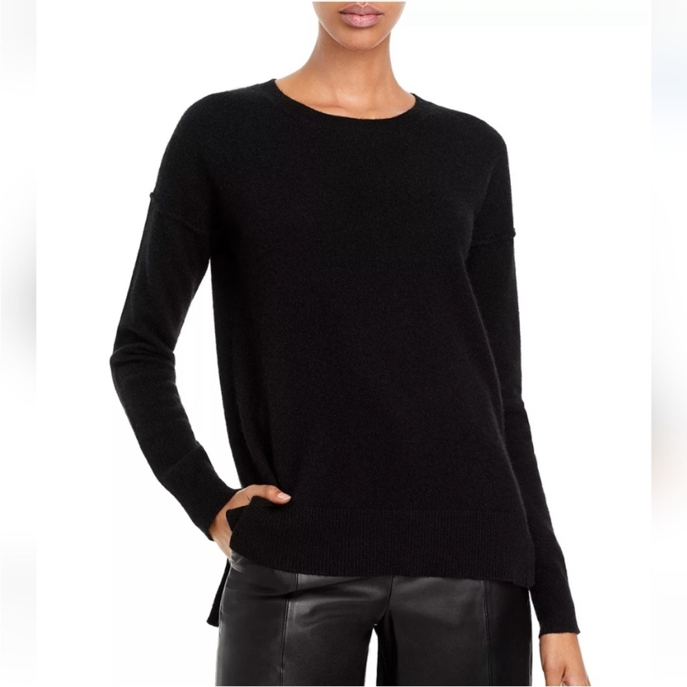 AQUA Cashmere crew neck Hi Low Black Cashmere Sweater